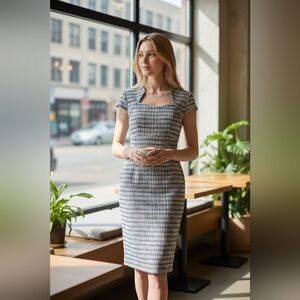 Tweed Pencil Dress Blue Plaid Elegant Work Office Midi Dress